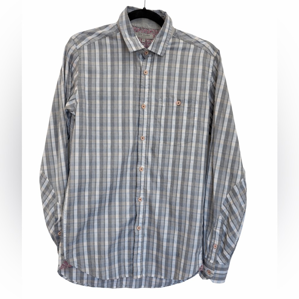 Ted Baker London Long-Sleeve Button-Up Shirt Plaid Grey Size 2 (Small) MSRP $160